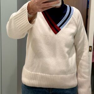 NWT Stateside V-Neck Cream White Sweater with Red and Blue Accents